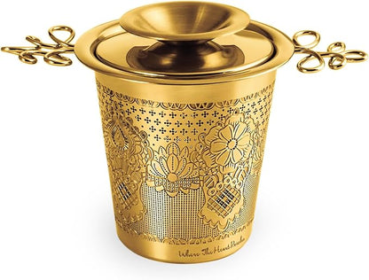 Premium Stainless Steel Tea Infuser Basket Gift Set - Gold Plated Loose Leaf Tea Steeper with Floral Engraved Lid, Stand & Fine Mesh Filter | Best Tea Strainer for Tea Lover