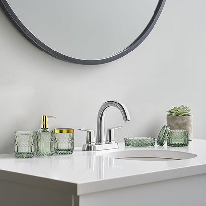 Bathroom Accessory Set, 5 Pcs Glass Bathroom Accessories Set with Lotion Dispenser,Toothbrush Holder, Soap Dish,Tumbler, Cotton Swab Jars, Home Set for Christmas/Housewarming, Modern Bathroom Decor
