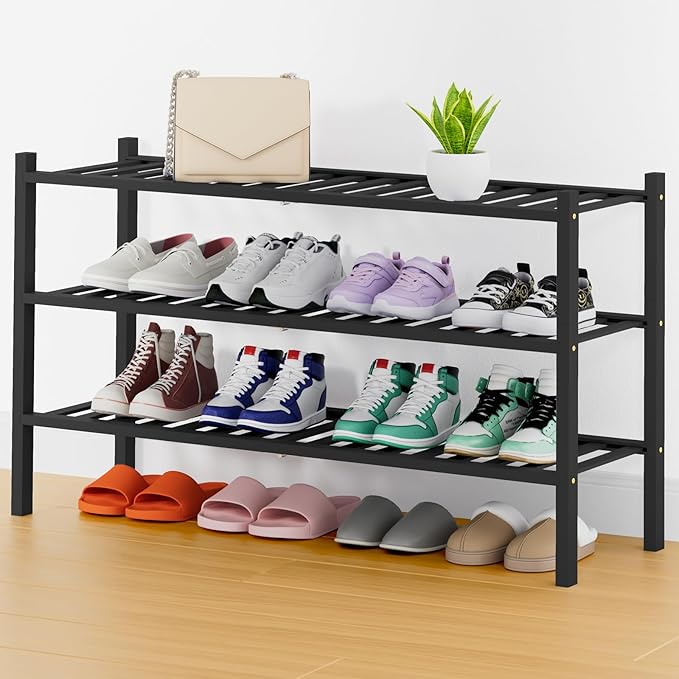 Smiry Shoe Rack, 3 Tier Thick Long Bamboo Shoe Organizer, Stackable Free Standing Wooden Shoe Storage Shelf for Closet, Entryway, Front Door Entrance, Black