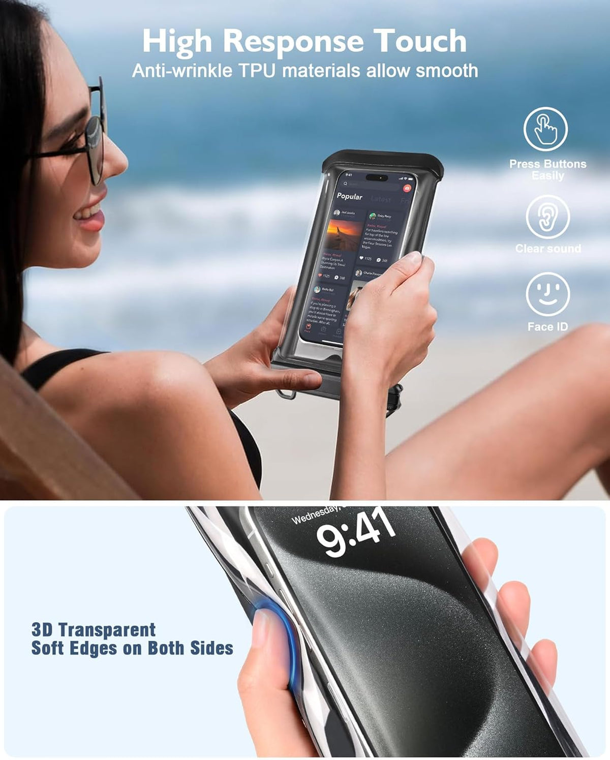 Waterproof Phone Pouch Floating- [3D Clear Soft Edges ] IP68 Waterproof Phone Case - iPhone 16/15/14/13 Pro Max Samsung 24/23/22 Ultra Google Up 7.5" - Detachable Lanyard - Front Clear + Back Bear