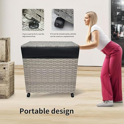 Laundry Hamper Wicker With Lid and Wheels, Collapsible Rattan Clothes Hamper 29 Gal (110 L) Removable Linerdouble Laundry Basket Handwoven for Clothes Storage in Bedroom(Gray)
