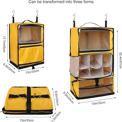 TABITORA Travel Portable Hanging Shelves Closet Organizer Packing Luggage Storage with Multifunctional and Foldable Invisible Compartment,Lightweight, for Suitcase, RV,Closet…Yellow,XL