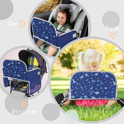 MENZOKE Kids Travel Tray, Car Seat Tray with Educational Drawing Board, Tablet Holder & Cooler Cup Holder,Essential for Car Travel & Holiday Gifts, Dinosaur Print Pattern, Dark Blue