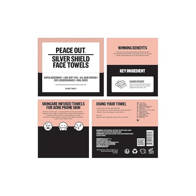 PEACE OUT Silver Shield Face Towels, For Blemish Prone Skin, Disposable Daily Use Skincare, Super Absorbent, Lux Soft Feel, All Skin Friendly, Duel Sided, 30 count