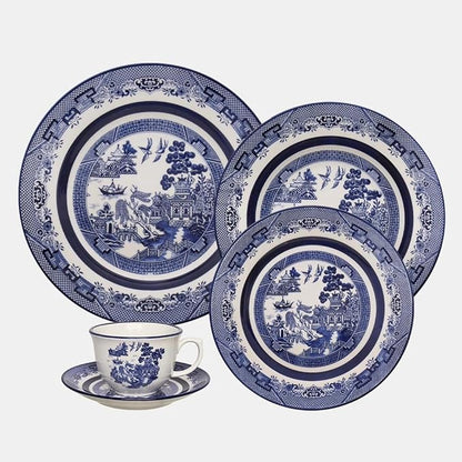 Oxford Flamingo-Blue Willow Porcelain 20 Piece Dinnerware Set Service for 4