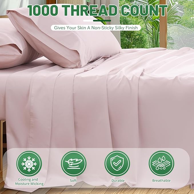 Egyptian Cotton Sheets Full Size 4PCS 1000 Thread Count Sateen Weave Soft Breathable 16-Inch Deep Pocket （Full,Light Pink）