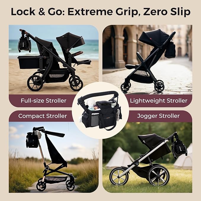 Momcozy Extra Large Stroller Organizer Max | with Food Grade Pacifier Teether Bag | 2 Insulated Cup Holder | Silicone Anti-Slip Straps | 3-Way Usage | Detachable Small Pouch | for UPPAbaby/Doona