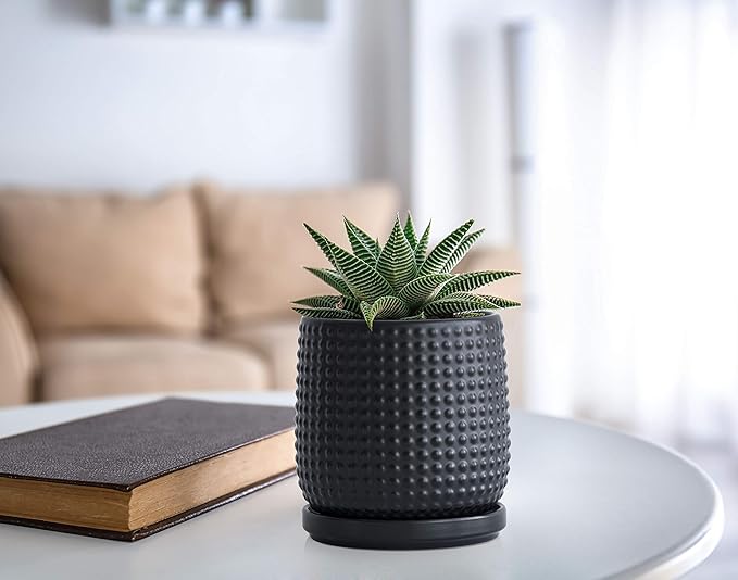 D'vine Dev 4 Inch Ceramic Beaded Stoneware Planter Pot - Flower Pot with Drainage Holes and Saucers for Indoor Succulent Plants or Flowers, Ebony Matte, 27-C-Z-6