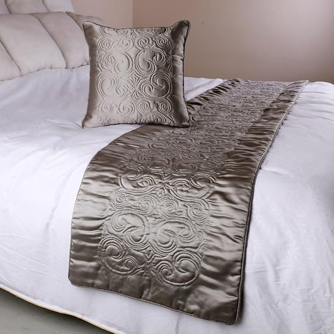 The HomeCentric Decorative Silver CA King 86 x 18 inch Bed Runner with Pillow Cover, Satin Quilted Bed Scarf, Abstract Modern - Silver Soft