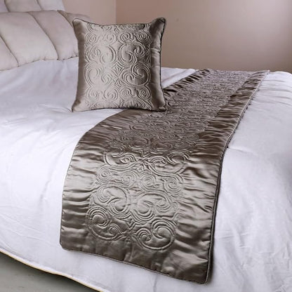 The HomeCentric Decorative Silver CA King 86 x 18 inch Bed Runner with Pillow Cover, Satin Quilted Bed Scarf, Abstract Modern - Silver Soft