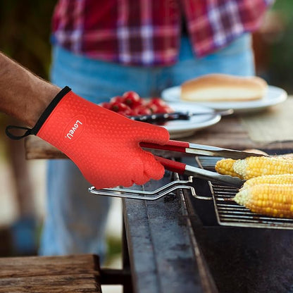 Kitchen Oven Gloves - Dual-Layer Heat Resistant Grilling Gloves, Silicone Oven Mitts with 5 Fingers, Waterproof Non-Slip Pot Holder for Barbecue, Cooking, Baking (XL-XXXL, Red)