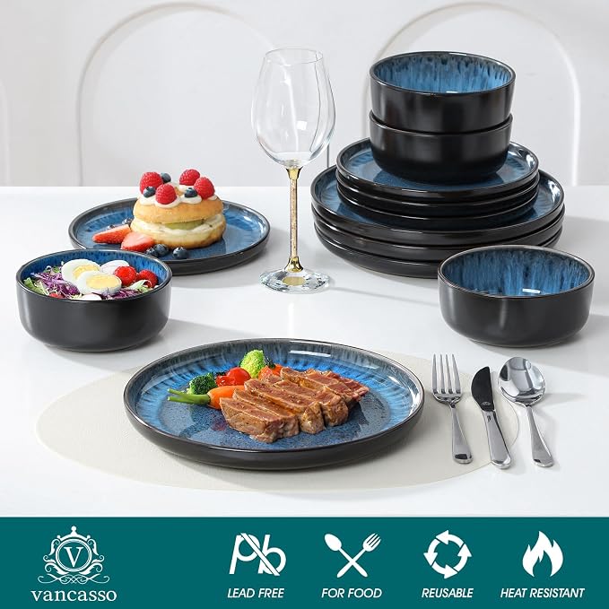 vancasso PLAYA Plates and Bowls Sets, 12 Pieces Blue Dinnerware Sets