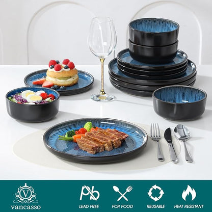 vancasso PLAYA Plates and Bowls Sets, 12 Pieces Blue Dinnerware Sets