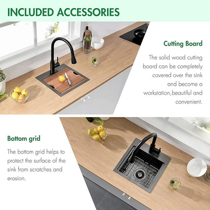 Kitchen Sink, 15 x 15 x 10 inch Kitchen Sinks Small Bar Prep Sink 16 Gauge Gunmetal Black Drop in Kitchen Sink Single Bowl Workstation Sink with Cutting Board