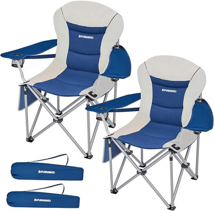 FUNDANGO 2 Packs Oversized Camping Chair with Lumbar Back Support Padded Outdoor Heavy Duty Camping Chair for Adults with Cup Holder, Armrest, Support 300 lbs
