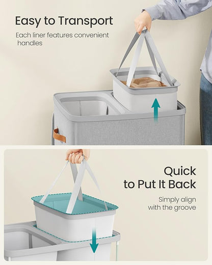 SONGMICS Laundry Basket, 44.9 Gal. Laundry Hamper, 2 Compartments, Easy Assembly, with Lid and Handles, Removable Inner Bags, 22 x 15.7 x 29.5 Inches, Dove Gray ULCB813G01