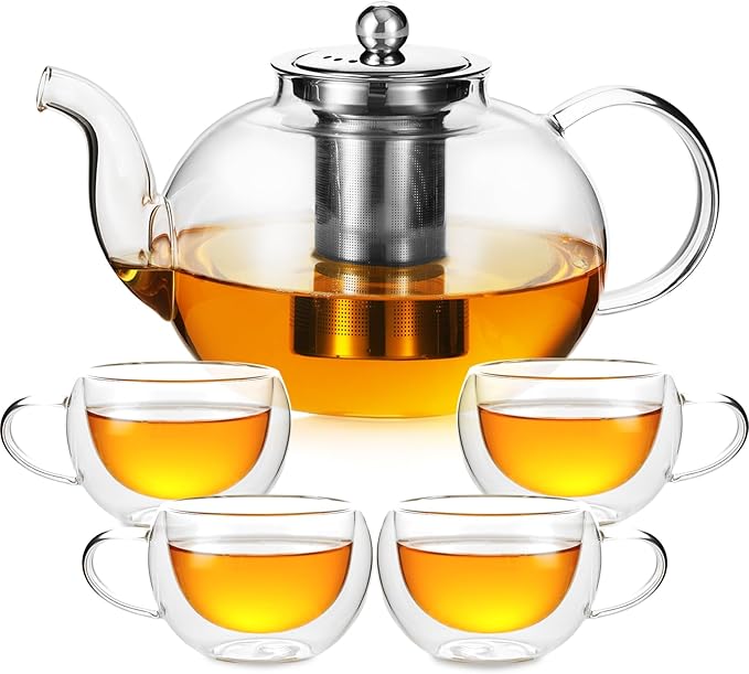 50OZ/1500ML Glass Teapot Set with 4 Double Wall Teacups & Removable Infuser, Stovetop & Microwave Safe Clear Tea Maker Water Kettle with 7OZ/200ML Tea Cups for Loose Leaf Blooming Tea