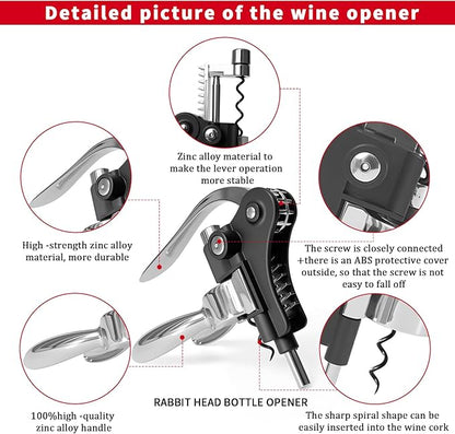 DEMARRE Silver Rabbit Corkscrew Wine Opener, Luxury Wine Bottle Opener, Zinc Alloy Corkscrew Set for All Wines, Includes Opener, Foil Cutter, Wine Stopper Pourer, Drip Ring, Black Gift Box