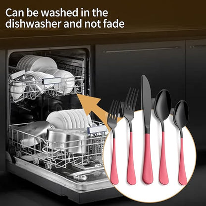 20-Piece Black Silverware Set 18/0 Stainless Steel Silverware Set Pink Handle Cutlery Set Service for 4 Dinner Knives Forks Spoons Set Flatware Set Finish Dishwasher Safe（Black and Pink）