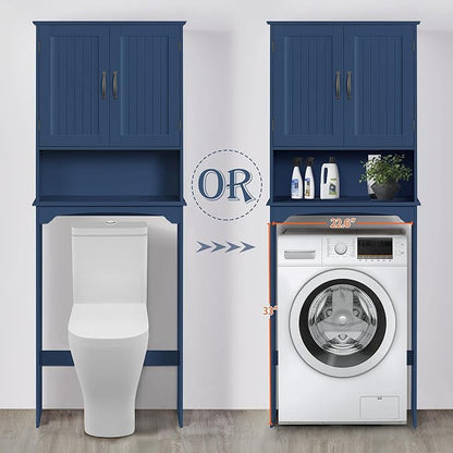Yaheetech Over The Toilet Storage with 2 Doors & Adjustable Shelf, Free Standing Toilet Rack Wooden Space-Saving Collect Cabinet, Bathroom Furniture, L24.5xW9xH66 in, Navy Blue