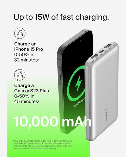 Belkin Portable Charger, USB-C Power Bank 10000 mAh w/ 1xUSB-C Port & 2xUSB-A Ports, 15W w/Type-C to Type-A Cable for iPhone 17, Samsung Galaxy S25, Nintendo Switch 2, Google Pixel 10, etc. - Silver