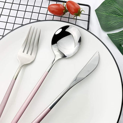 JASHII Flatware Serving Set 24 Piece, Stainless Steel Silverware Set, Pink Silver Cutlery Set, Modern Elegant Tableware Set for Party, Christmas, Dinner (Pink Silver)
