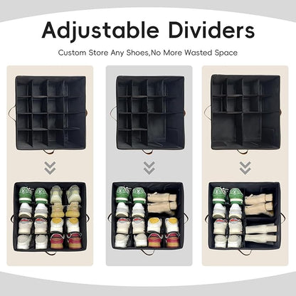 Shoe Organizer for Closet, 3 Pack Shoe Storage Bins with Clear Cover, Adjustable Dividers Fits 24-48 Pairs, Black