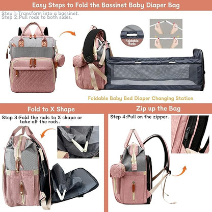 Diaper Bag with Changing Station, Waterproof 3 in 1 Baby Diaper Backpack with Foldable Changing Pad, Pink-Grey