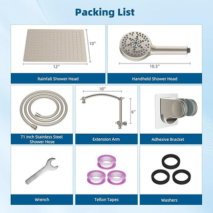 Hibbent All Metal Shower Head, 12'' High Pressure Rain Shower Head/Handheld Showerhead Combo with 16'' Adjustable Arc-shaped Extension Arm, 10 Sprays, 71'' Hose, Showerhead Holder, Brushed Nickel