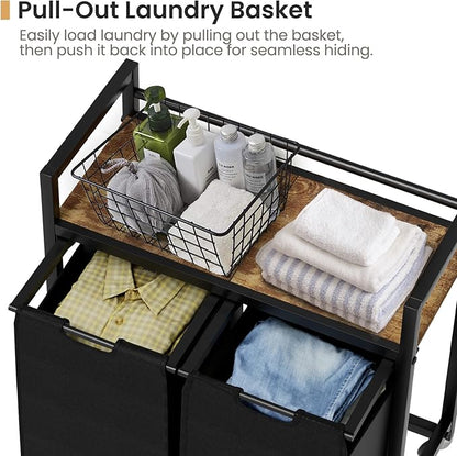 Laundry Hamper, Laundry Basket, Laundry Sorter with 2 Removable Bags, Clothes Basket with 2 Compartments, Wheels, Shelf for Laundry Room Bathroom Bedroom (2 Bags-Black)