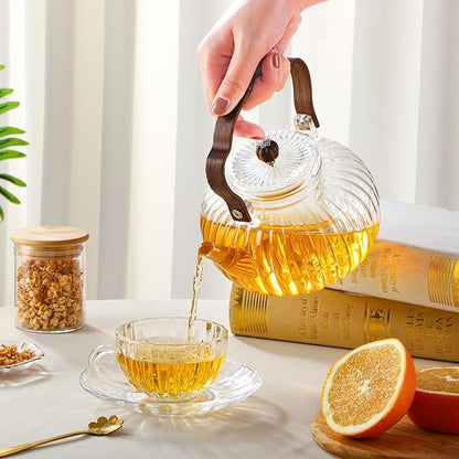 40OZ/1200ML Glass Pumpkin Teapot with Removable Infuser & Lid, Stovetop & Microwave Safe Clear Borosilicate Glass Tea Maker Water Kettle for Loose Leaf Blooming Tea