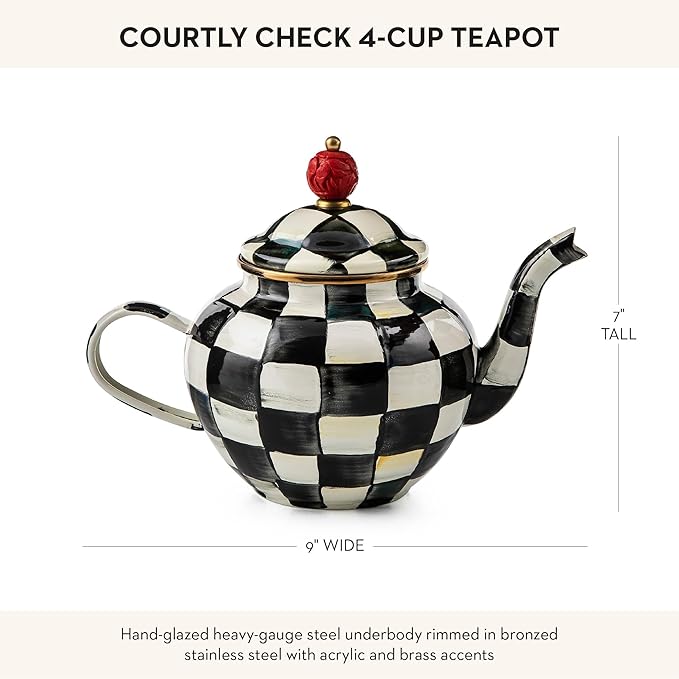 MACKENZIE-CHILDS Enamel Teapot, Cute Small Teapot with Lid, 4-Cup Capacity, Black-and-White Courtly Check