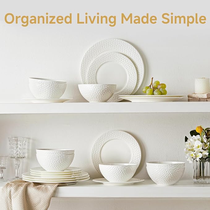 18Pcs Hammered Rim White Bone China Set, Service