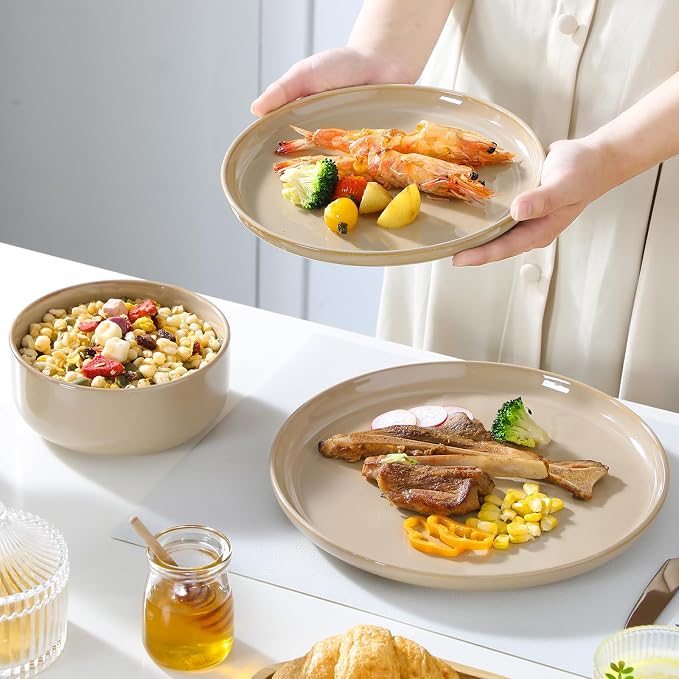 vancasso PLAYA Ceramic Plates and Bowls Sets, 24 Pieces Brown Dinnerware Sets