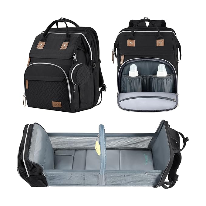 DERJUNSTAR Baby Diaper Bag Backpack, Diaper Changing Station, Baby Bags for Boys Girls,Waterproof Changing Pad,USB Charging Port,Pacifier Case, Sunshade and Toy Bar,