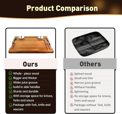 Acacia Wooden Steak Plates Board for Eating Set of 2,15.7" Meat Cutting Boards for Steak Food Serving Tray with Fork, Knife & Ramekins,Charcuterie Platter for Kitchen, BBQ & Entertaining