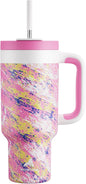 POWCAN 40 oz Tumbler with Handle, 2-in-1 Straw and Sip Lid, Leakproof, Dishwasher Safe, Insulated Stainless Steel Travel Coffee Mug, Keeps Cold for 34 Hours, Fits in Car Cup Holder (Pink Ladies)