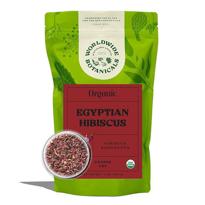 Worldwide Botanicals Organic Hibiscus Tea – 1 lb, Loose Leaf, Cut and Sifted – 100% Egyptian Hibiscus sabdariffa AKA Karkade, Roselle, Sorrel, Zobo, Flor de Jamaica, 1 Pound Bag