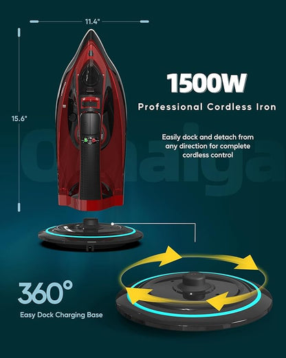 Cordless Iron for Clothes - 1500W Steam Iron with Non-Stick Ceramic Soleplate, Rapid Heating, Auto Shut Off, Burst of Steam, Self-Clean, Anti-Drip, Anti-Calc, 3 Temperature Settings, Red