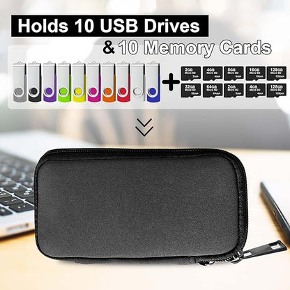 JBOS USB Flash Drive Case with 10 USB Drive Slots and 10 Memory Card Slots Storage Organizer Case Holder for Thumb Drives Jump Drives SD Cards with Zipper Bag Black