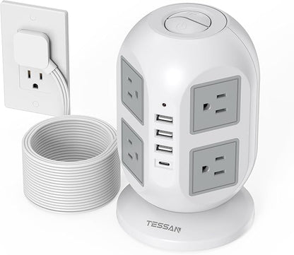Tower Surge Protector Power Strip 15 ft, TESSAN Long Flat Extension Cord with Multiple Outlets, 8 AC Outlets with 4 USB Ports (1 USB C), Charging Station with Surge Protection, for Home Office Dorm
