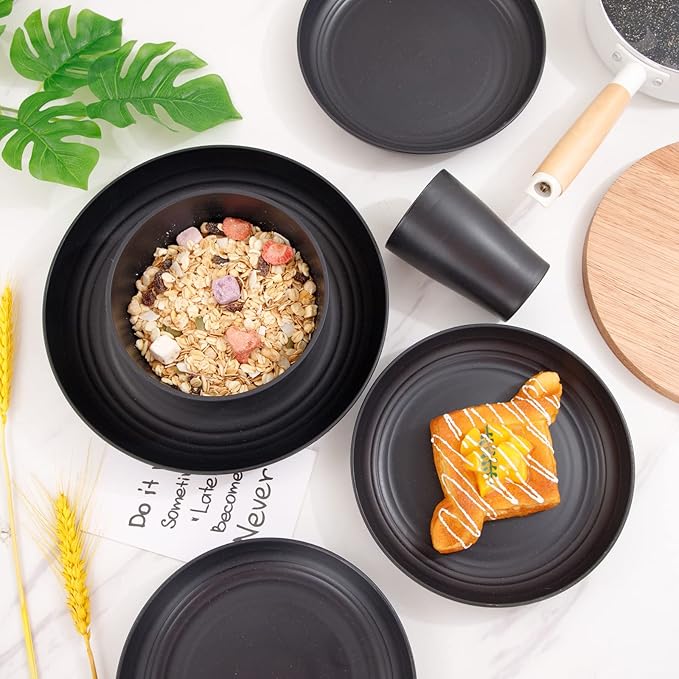 Supernal Wheat Straw Dinnerware Sets,Plates and Bowls Set, Dish Sets for 8, Unbreakable Plate for 8 Dishwasher Safe,Reusable Dinnerware Black-16pcs Plates, 8pcs Bowls, 8pcs Cups.
