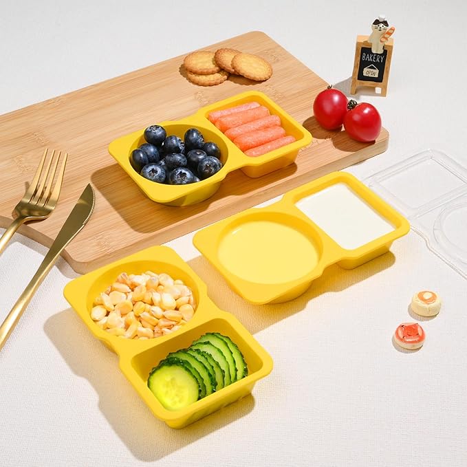 Double Compartment Snack Containers with Lids, 2 Compartment Condiment Container, Plastic Disposable Snack Pack Containers for Sauce, Salad, Food Storage Box(30PCS-Yellow)
