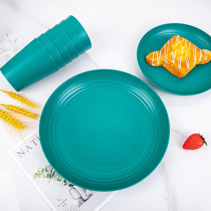 LIYH 48 Pcs Green Wheat Straw Plates and Bowls set - Plastic Dinnerware Set - Dishwasher Safe Camping Plates Dishes Set for 12, Unbreakable Wheat Straw Plate Bowls Reusable 12 Guests