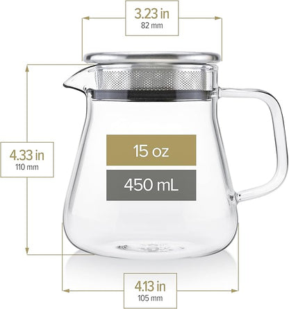 Teabloom One-Touch Tea Maker, 2-in-1 Teapot and Kettle with Stainless Steel Filter Lid for Loose Tea – Stain-free Borosilicate Glass Tea Pot (15 Oz) – Tea Connoisseur's Choice