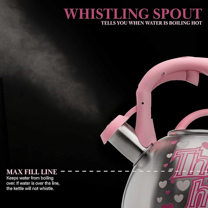 Paris Hilton Whistling Stovetop Tea Kettle, Stainless Steel with Color Changing "That's Hot" Heat Indicator Design, Soft Touch Handle, 2.5-Quart, Pink
