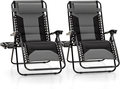 MFSTUDIO Padded Zero Gravity Chair Set of 2, Folding Patio Lounge Recliner with Adjustable Pillows & Cup Holder for Poolside Backyard, Support 400lbs(Grey)