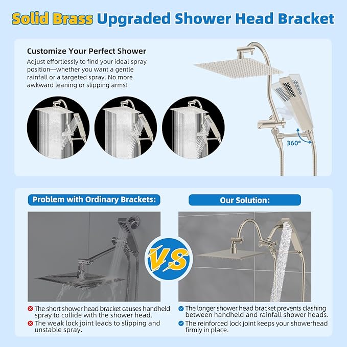 Hibbent All Metal Shower Head, 12'' High Pressure Rainfall Shower Head, Showerhead Combo, Handheld Shower Wand, 12'' Adjustable Shower Extension Arm, 71'' Hose, Shower Head Holder, Brushed Nickel