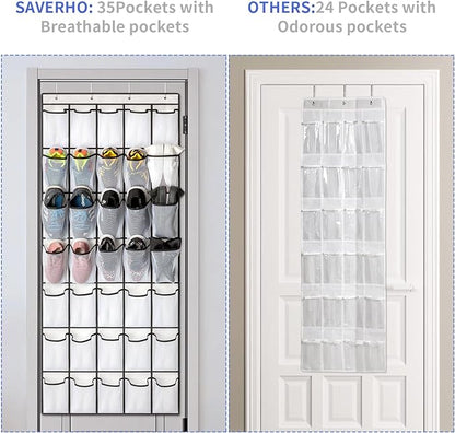 35 Pockets Over the Door Shoe Organizer, Hanging Shoe Organizer for Door with 35 Mesh Pockets Large Capacity Shoe Hanging Storage Bag with 4 Metal Hooks (White-1Pack)