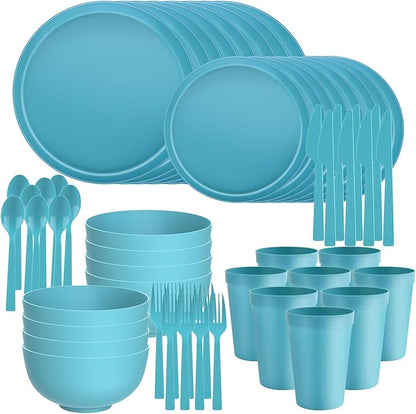40 Piece RV & Camping Dinnerware Set, Elegant Ceramic-Look Large Bowls & Plates, Unbreakable & 100% Microwave Safe, Melamine Alternative Service for 8, Blue
